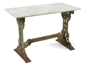 An antique English cast iron garden table with marble top, 19th century, ​​​​​​​74cm high, 107cm wide, 52cm deep