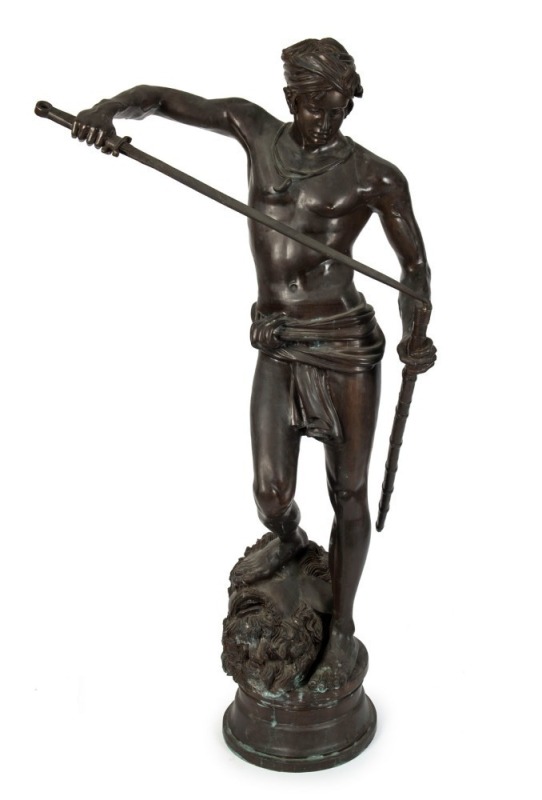 (After) Marius Jean Antonin Mercié (1845-19120), "David Vanquisher Of Goliath", impressive cast bronze classical statue, signed "A. Mercié", 20th century, 182cm high