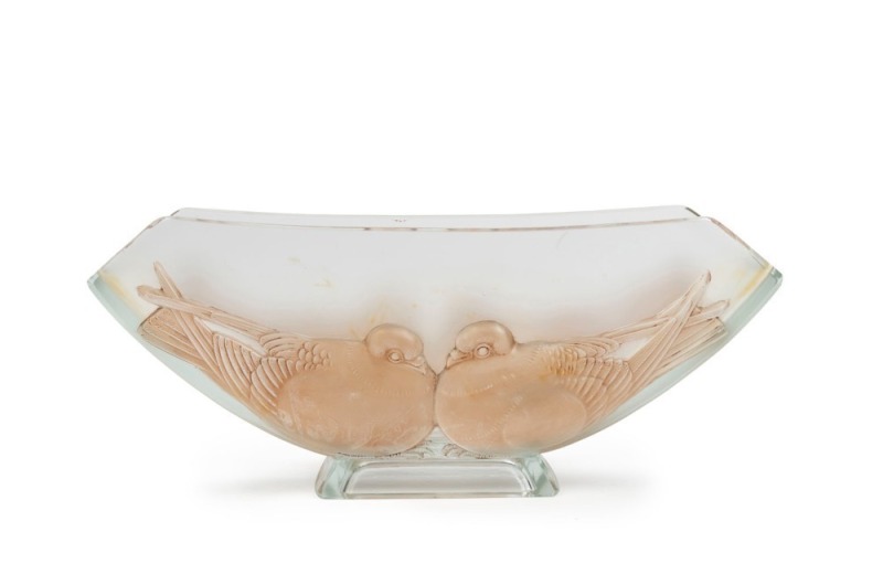 A French frosted glass vase with swallow decoration, circa 1930s, ​​​​​​​12cm high, 29cm wide