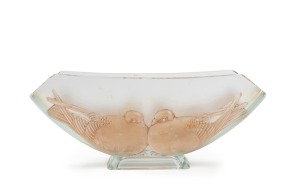 A French frosted glass vase with swallow decoration, circa 1930s, ​​​​​​​12cm high, 29cm wide