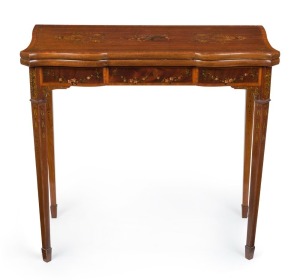 An antique English Sheraton Revival fold-over card table, mahogany with satinwood cross banding and hand-painted floral decoration, late 19th century, 77cm high, 83cm wide, 41cm deep (extends to 82cm)