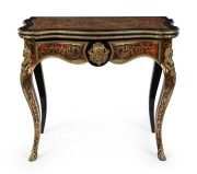 A fine French boulle&nbsp;fold-over card table, profusely inlaid with scroll brass floral marquetry on red tortoiseshell ground and adorned with handsome ormolu mounts, circa 1870, 80cm high, 90cm wide, 45cm (extends to 89cm) deep