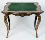 A fine French boulle&nbsp;fold-over card table, profusely inlaid with scroll brass floral marquetry on red tortoiseshell ground and adorned with handsome ormolu mounts, circa 1870, 80cm high, 90cm wide, 45cm (extends to 89cm) deep - 2