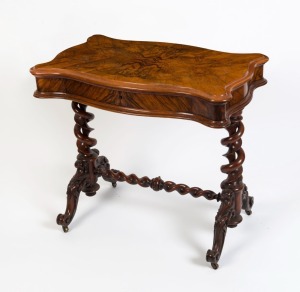 An antique English side table, quarter book matched figured walnut veneers on well turned barley twist twin pedestal base with handsomely carved cabriole legs, circa 1870, 72cm high, 80cm wide, 49cm deep