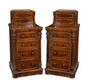An exceptional pair of antique English bedside cabinets, figured and burr walnut veneer with fluted and carved three quarter pilasters, 19th century, 104cm high, 51cm wide, 52cm deep