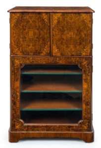 An antique English burr walnut and boxwood marquetry inlay music cabinet with secretaire top compartment, leather tooled writing surface and handsomely fitted interior, late 19th century, ​​​​​​​99cm high, 61cm wide, 40cm deep
