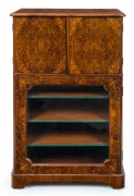 An antique English burr walnut and boxwood marquetry inlay music cabinet with secretaire top compartment, leather tooled writing surface and handsomely fitted interior, late 19th century, ​​​​​​​99cm high, 61cm wide, 40cm deep