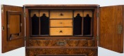 An antique English burr walnut and boxwood marquetry inlay music cabinet with secretaire top compartment, leather tooled writing surface and handsomely fitted interior, late 19th century, ​​​​​​​99cm high, 61cm wide, 40cm deep - 3