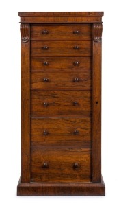 A handsome English William IV Wellington chest of six drawers, rosewood veneer with lamb's tongue corbels, 19th century, ​​​​​​​127cm high, 55cm wide, 40cm deep