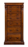 A handsome English William IV Wellington chest of six drawers, rosewood veneer with lamb's tongue corbels, 19th century, ​​​​​​​127cm high, 55cm wide, 40cm deep