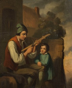 ARTIST UNKNOWN (19th Century), (whittling wood with child), oil on board, 24 x 20cm, 44 x 40cm overall