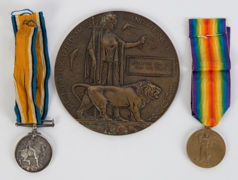 A TEENAGE CASUALTY OF THE WAR: The British War Medal and SOUTH AFRICAN Victory Medal (1914-18) both impressed named to PTE J.H. VAN DER WALT. 4TH S.A.I., awarded posthumously, together with the Memorial Plaque named JOHANNES HENDRICK VAN DER WALT. Togethe