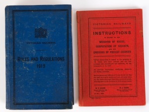 VICTORIAN RAILWAYS HANDBOOKS: "Rules and Regulations for the Guidance of Employees (sic) in the Service of the Victoria Railways Commissioners" [1919, blue cloth hardcover]; also, "INSTRUCTIONS in regard to the Weighing of Goods, Computation of Weights an