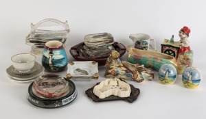 AUSTRALIANA: An array of souvenir wares including Harbour Bridge opening glass paperweights, ashtrays, pottery ornaments and vases, etc, 20th century (qty)