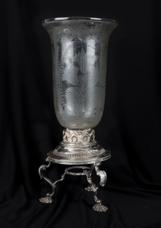 An antique silver plated lamp with engraved glass shade, 19th century, 37cm high