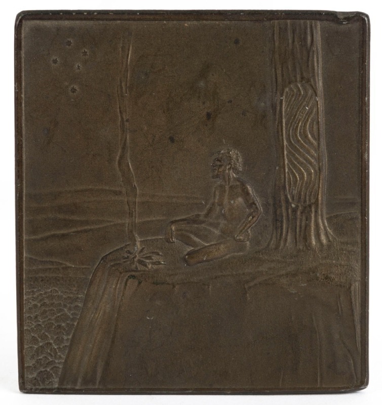 An antique cast metal plaque with bronzed finish depicting a seated Aboriginal man and scar tree in mountain landscape, 19th/20th century, ​​​​​​​10.5 x 9.5cm