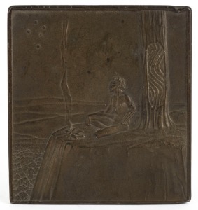An antique cast metal plaque with bronzed finish depicting a seated Aboriginal man and scar tree in mountain landscape, 19th/20th century, ​​​​​​​10.5 x 9.5cm