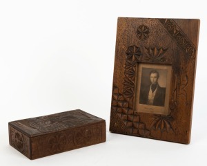 An Australian Folk Art carved cigar box decorated with kookaburras, together with a chip carved frame with antique lithograph portrait of James Riley dated 1837, early 20th century, (2 items), the box 21cm wide