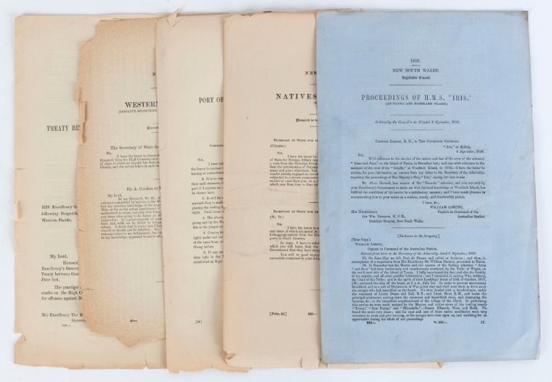 NEW SOUTH WALES PARLIAMENTARY PAPERS:1858 Legislative Council Report titled "Proceedings of H.M.S. "Iris" (at Tanna and Woodlark Island.) from Captain William Loring to SIr William Denison, the Governor General, "With reference to the murder of the master