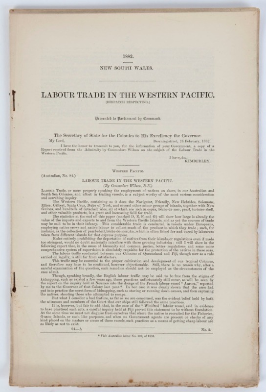 NEW SOUTH WALES PARLIAMENTARY PAPERS:"Labour Trade in the Western Pacific", 36pp.