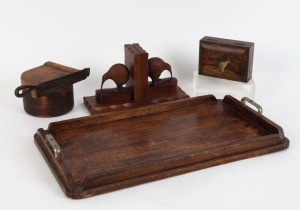 An Australian timber serving tray, folk art jewellery box with kangaroo decoration, pair of kiwi bird carved timber bookends, and a Kodak film editing cutter, (5 items),  the tray 51cm across the handles