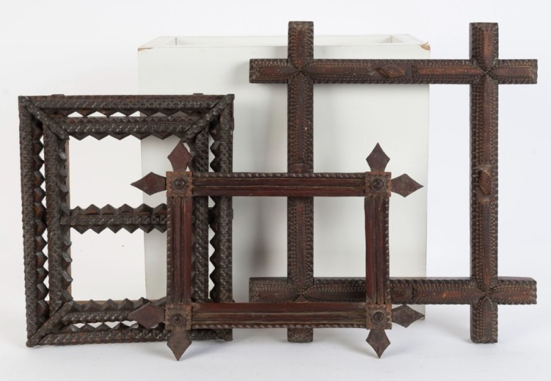 TRAMP ART group of three antique Australian cedar and pine picture frames, 19th century, the largest 43 x 39cm 