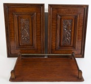 An antique Australian cedar serving tray with gallery top; together with a pair of carved Tasmanian blackwood panels, 19th/20th century, (3 items), ​​​​​​​the tray 52cm wide