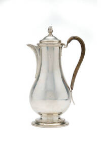 George III sterling silver pear shaped coffee pot, London c1777, with inscription on base "General CavandishLister 1st Life Guards, born 1732. Lady Katherine Edith Baker Great Grand Daughter of General Lister, born 1846". Weight 690 grams