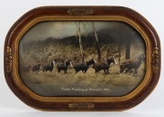 "TIMBER HAULING AT MURRINDI, 1934" hand-coloured black and white photograph in contemporaneous frame with convex glass, 36 x 54cm overall