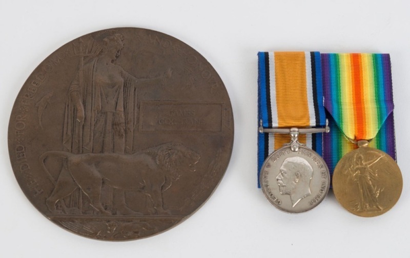 KILLED IN ACTION at the BATTLE OF PILCKEM RIDGE, BELGIUM, August 1917: The "casualty" group of medals to Private JAMES COCHRANE who was serving with the 16th Battalion Sherwood Foresters) at the time of his death; comprising his British War and Victory Me