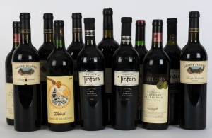 A 1999-2000 AUSTRALIAN RED DOZEN: 1999 Geoff Hardy Kuitpo Cabernet, Adelaide Hills, South Australia (4 bottles); 1999 Rothbury Estate Brokenback Shiraz, Hunter Valley, N.S.W. (1 bottle); 1999 Peter Lehmann Clancy's Legendary Red, Barossa Valley, South Aust. (1 bottle); Hardy's Tintara Cabernet Sauvignon, South Aust. (1 bottle) and 2000 (2 bottles); 2000 Taylors Cabernet Sauvignon, Clare Valley, South Aust. (2 bottles); and 2000 Tahbilk Cabernet Sauvignon, Nagambie Lakes, Victoria (1 bottle).