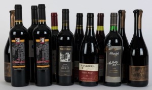 A VICTORIAN DOZEN: 1995 Bleasdale Cabernet Sauvignon, Langhorne Creek (1 bottle); 1999 Carlyle All Saints Estate Shiraz, Rutherglen (2 bottles); 2000 Craiglee Siraz, Sunbury (1 bottle); 2002 HPR Pinot Noir, Mornington Peninsula (3 bottles); 2004 Rahona Valley Red Hill Reserve Pinot Noir (1 bottle); 2004 Winbirra Vineyards Pinot Noir, Red Hill South (2 bottles); 2006 Paul Osicka Shiraz, Heathcote (1 bottle); 2013 Warrabilla Reserve Durif, Rutherglen (1 bottle). Total: 12 bottles.