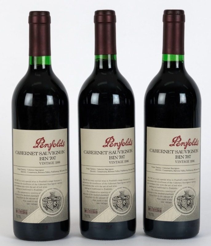 PENFOLDS Bin 707, Cabernet Sauvignon, 1996 vintage, (3 bottles)