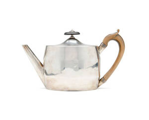 George II sterling silver teapot, London c1793 with inscription on base "General Cavendish Lister 1st Life Guards, born 1732. Lady Katherine Edith Baker Great Grand Daughter of General Lister, born 1846". Weight 420 grams