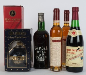 2002 MIRANDA Golden Botrytis (2 x 375ml bottles); a Remy Martin Fine Champagne V.S.O.P. Cognac; Chambord Liqueur Royale de France; Noval Port 1974; Lambrusco dell'emilia. (Total: 6 items).
