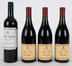 1994 MOSS WOOD Pinot Noir, Margaret River, Western Australia (3 bottles); also, 2003 MOSS WOOD Cabernet Sauvignon Merlot, Ribbon Vale Vineyard, Margaret River (1 bottle). Total: 4 bottles.
