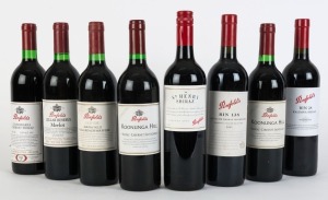 PENFOLDS a selection comprising 1990 Bin 920 Coonawarra Cabernet-Shiraz, 1993 Cellar Reserve Merlot, 1997 Old Vine Barossa Valley Shiraz Blend, 1997 Koonuga Hill Shiraz-Cabernet Sauvignon, 1998 Koonunga Hill Shiraz-Cabernet Sauvignon, 2002 Bin 28 Kalimna Shiraz, 2003 Bin 138 Grenache Shiraz Mourverdre and 2008 St Henri Shiraz. Total 8 bottles.