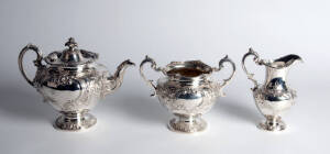 A Scottish three piece sterling silver tea service by Mackay & Chisholm of Edinburgh c1851, teapot 21cm high. Approx. weight 1.4kg