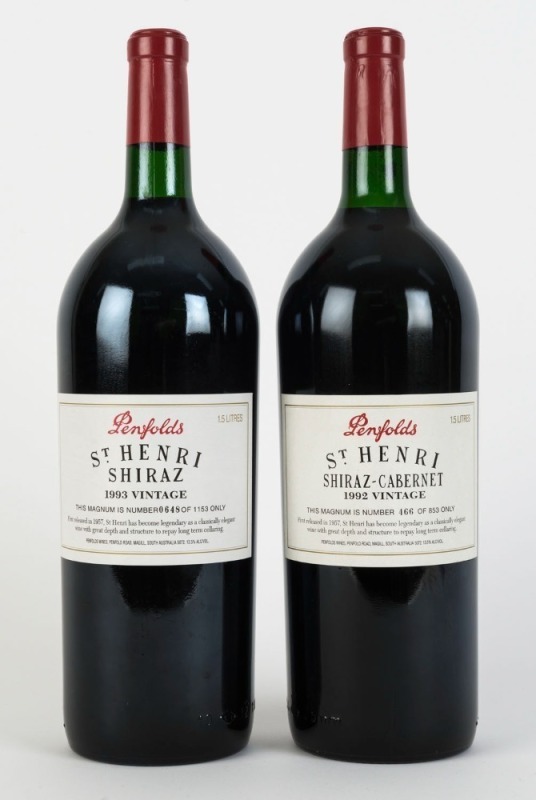 1992 PENFOLDS St. Henri Shiraz-Cabernet, South Australia, bottle no. 466 of 853 only, (1 magnum) also 1993 PENFOLDS St. Henri Shiraz, South Australia, bottle no. 648 of 1153 only, (1 magnum). (2 items)