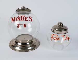 "MINTIES" and "RED TULIP" point of sale advertising glass display jars, mid 20th century, (2 items), ​​​​​​​32cm and 21cm high