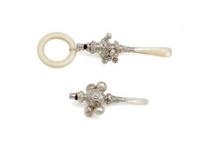 BABY RATTLES: Two 19th century sterling silver rattles, one with teething ring. 11cm & 14cm