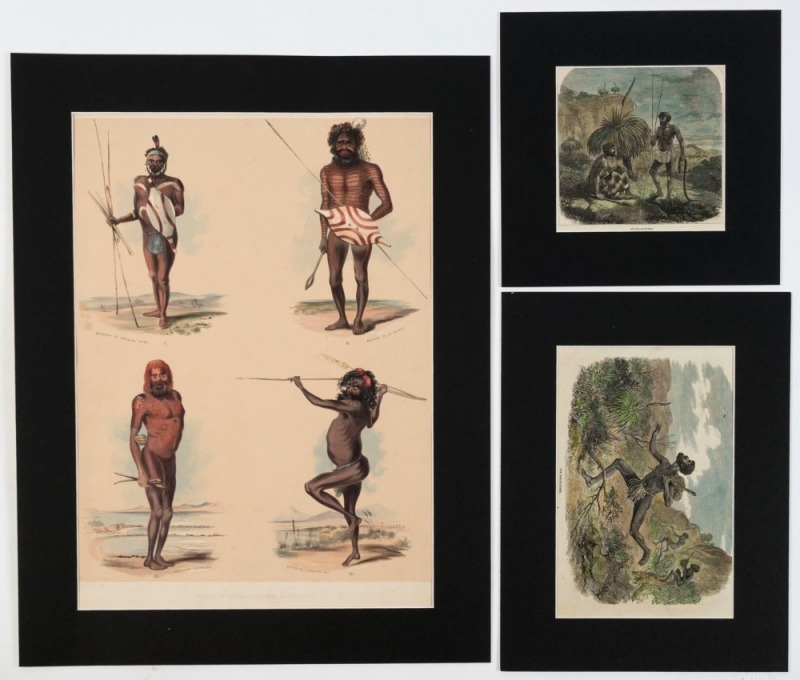 GEORGE FRENCH ANGAS (1822 - 1886), Portraits of the Aboriginal Inhabitants, hand coloured lithograph being plate 23 from "South Australia Illustrated", 45 x 34cm., together with four other smaller prints or engravings with aboriginal subjects, (5 items).