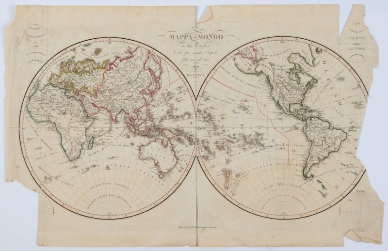 "Asia" by Stockdale, Dublin (1800); "Mappa Mondo in due Emisferi" by Batelli e Fanfani, Milano (1820) and a part map showing Australia and Asia with the heading "Remarks on the Variation Lines &c." probably late 1790s. (3 items; all with defects).