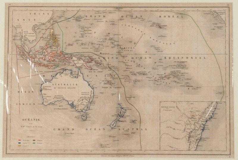 Claude Joseph Drioux  & Ch. Leroy, "Oceanie", [Paris, 1838, Belin], with some hand-colouring showing the different colonizers. 30 x 44cm.