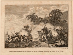 JOHN WEBBER (after) "The Death of Captain Cook at Owhyhee, one of the Sandwich Islands, in the North Pacific Ocean." copper engraving, circa 1784, 12.5 x 18cm (image).