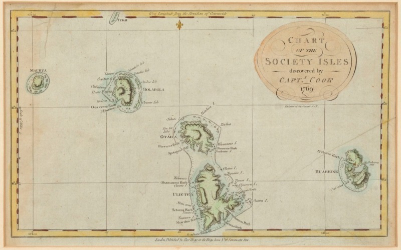 ALEXANDER HOGG, "Chart of the Society Isles discovered by Capt'n Cook 1769", hand-coloured copper engraving, circa 1786, 22 x 35cm.