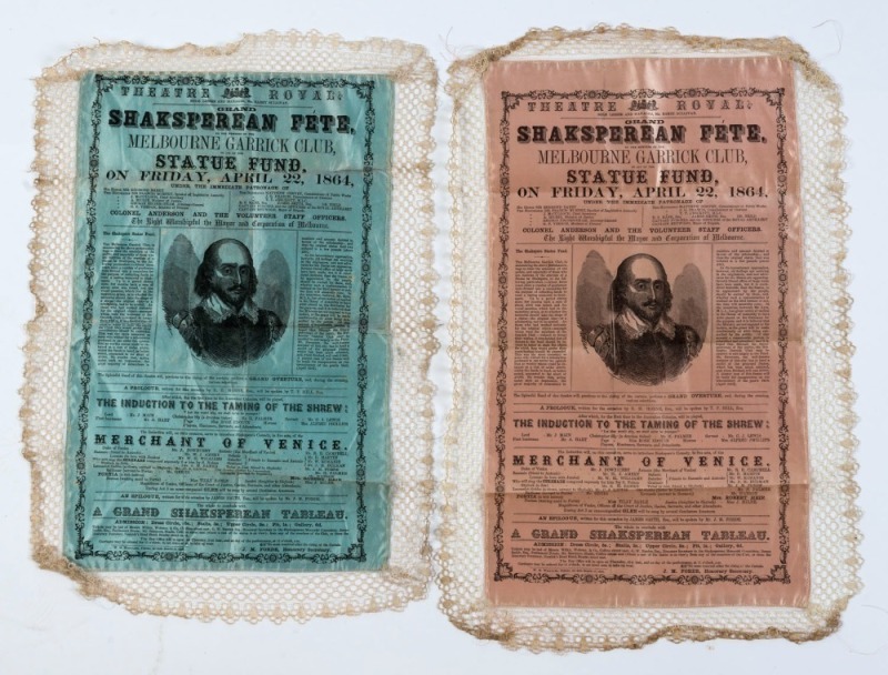 "A Grand Shakspearean Fete by the members of the Melbourne Garrick Club, in aid of the  Statue Fund, on Friday, April 22nd, 1864", featuring "The Induction to The Taming of the Shrew" and the "Merchant of Venice" in 5 Acts. Two example, one on pink and on