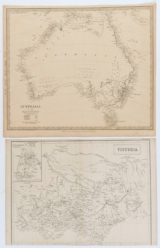 "AUSTRALIA in 1839" by S.D.U.K. (1840); "VICTORIA" with inset "MOUNT ALEXANDER GOLD REGIONS" by Sidney Hall (1856); plus "VAN DIEMEN'S LAND" by Findlay (c.1837). (3 items).