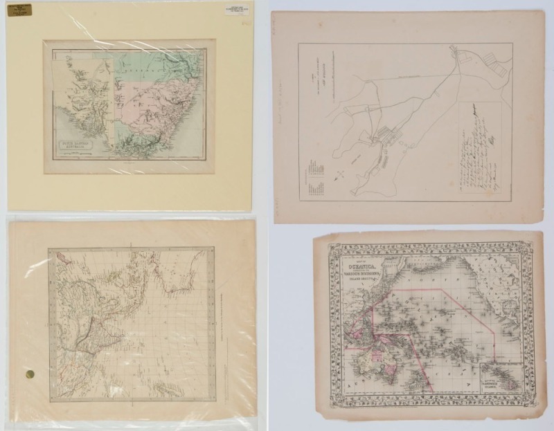 'WORLD ON GNOMONIC PROJECTION, Plate 4, Asia" by the S.D.U.K. (c.1830s; shows Western Australia, Papua and South-East Asia); "South Eastern Australia" by Weller for Longman (1838); "Map of Oceanica, exhibiting its Various Divisions & Island Groups" by S.