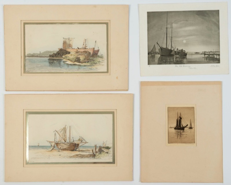 MARITIME SUBJECTS: "Evening" by Gerald Maurice Burn; "The Old Moorings, Williamstown" by William Hunter; two pencil and watercolour sketches, both dated 1883 and initialled "H.F.". (4 items).